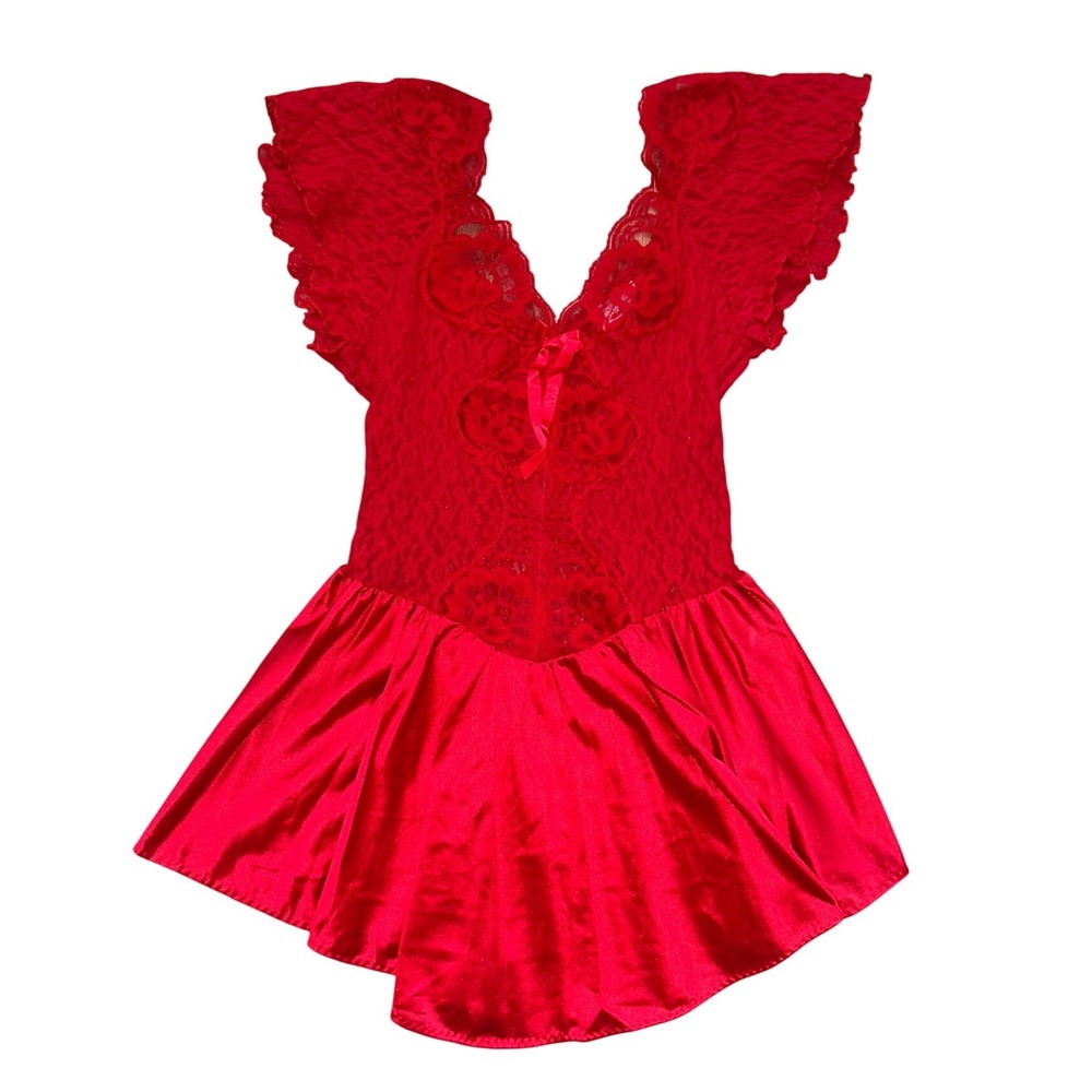 Vintage Red Lace Satin Lingerie Dress Flutter Sleeve Mini sexy Small